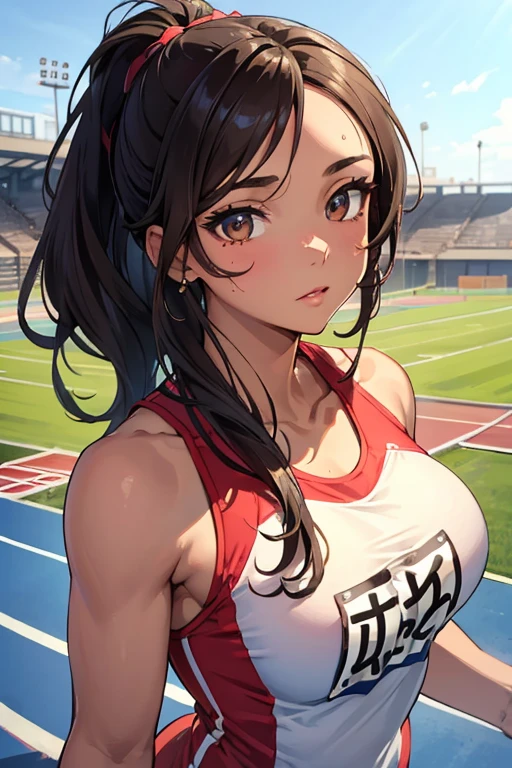1 Beautiful ,dynamic angle,girl track and field athlete,small head,big breasts,meaty, at track and field ,(detailed beautiful face:1.4),detailed skin、Landscape、