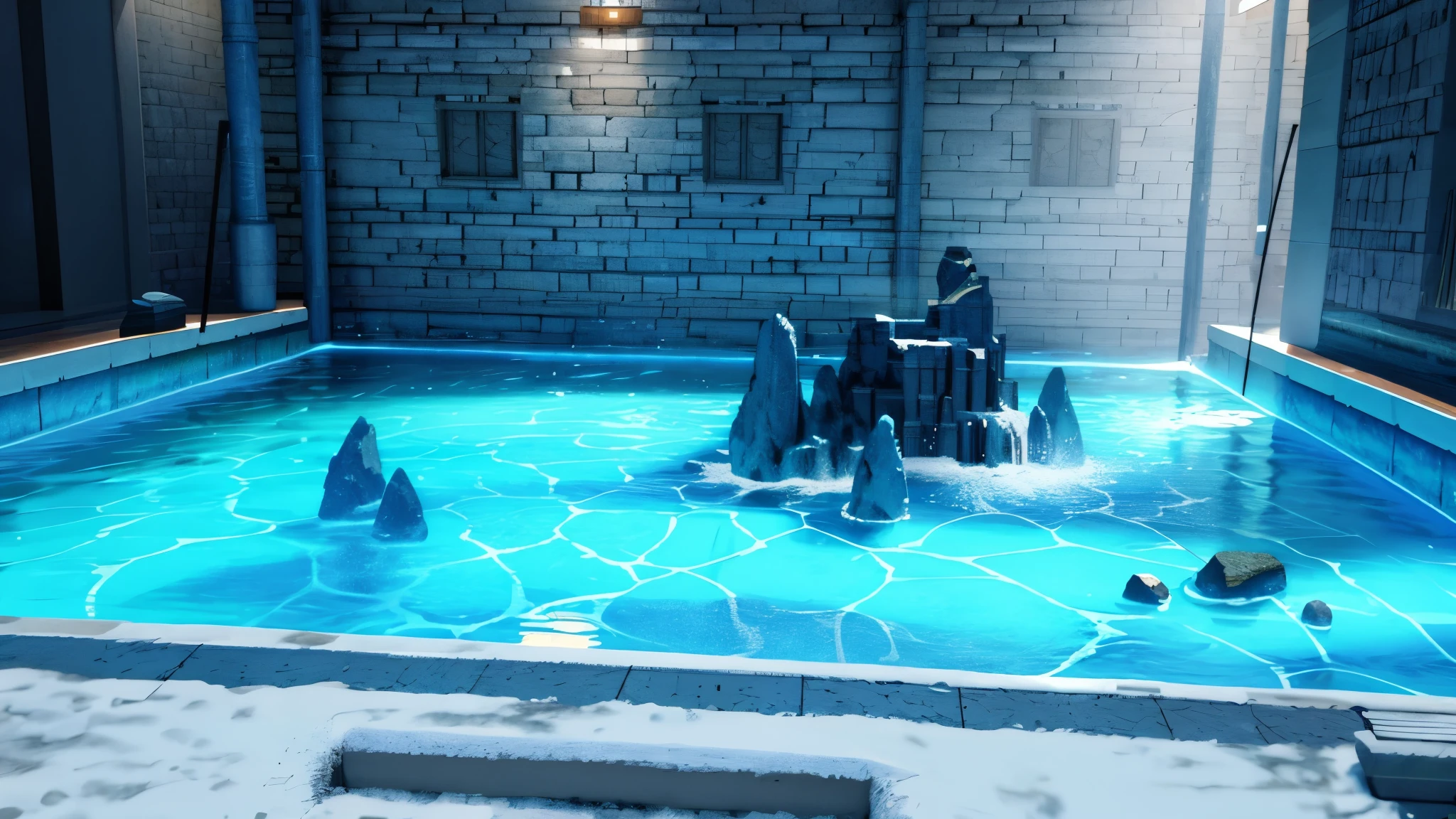 There is a fake pool,There are stones and stone walls inside, 3D landscape, 3d landscape, 3D virtual landscape painting, There is a miniature indoor lake, water temple, Temple flooded scene, 3D scene, 3d scene, 3D environment, realistic water, Flooded temple ritual scene, backside of scenography elements, Realistic 3D style