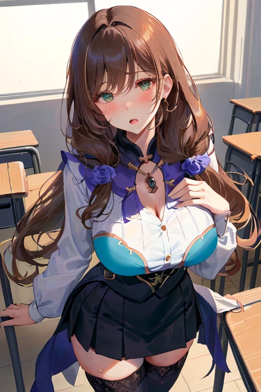 Lisa, genshin impact, 1 girl, alone, ((white shirt)), black Thighhighs, huge breasts, big breasts, cleavage, uniform, office background, black skirt, pleated skirt, office, hair between eyes, messy hair, big breasts, long hair, looking at the viewer, brown hair, red short nails, green eyes, alone, Thighhighs, thighs, very long hair, ((masterpiece)), classroom, mechanical, Chair, board, class board, Teaching, adult woman, erotic woman, blush, open your mouth a little, Close ~ eyes, (Are standing:1.3), (Touching the chest:1.3), sweating, I can see through my clothes,