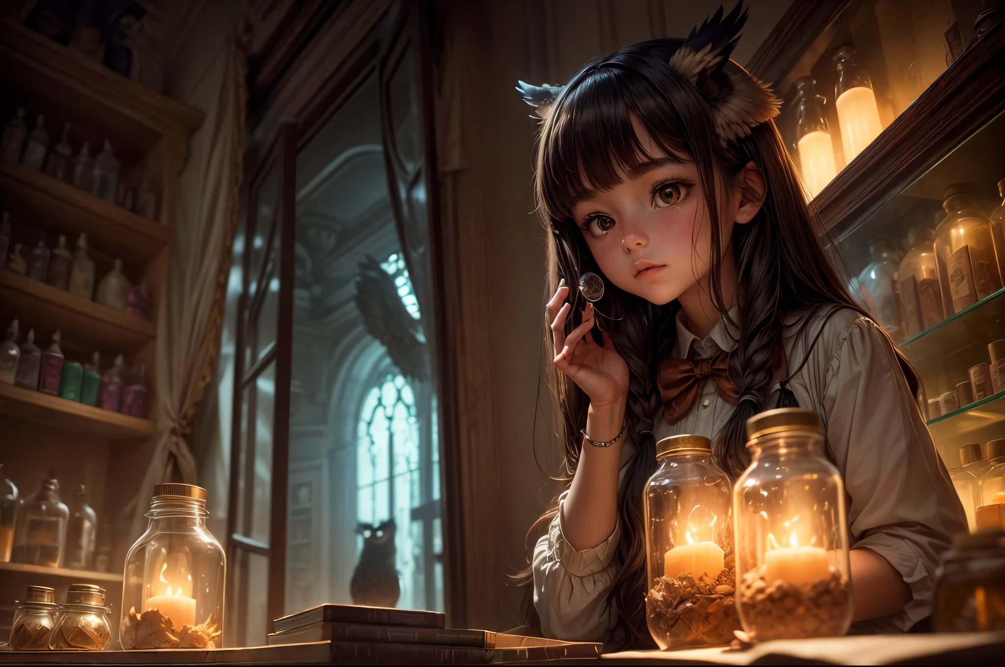 In the twilight hours, a girl wearing an owl's head explores a Pharmacie filled with mysterious jars. The space is illuminated by gentle, tinted glass light beams, casting a dreamlike glow on every detail. Craft a ((masterpiece)) that balances the surreal with the comforting, evoking emotions of curiosity and wonder.