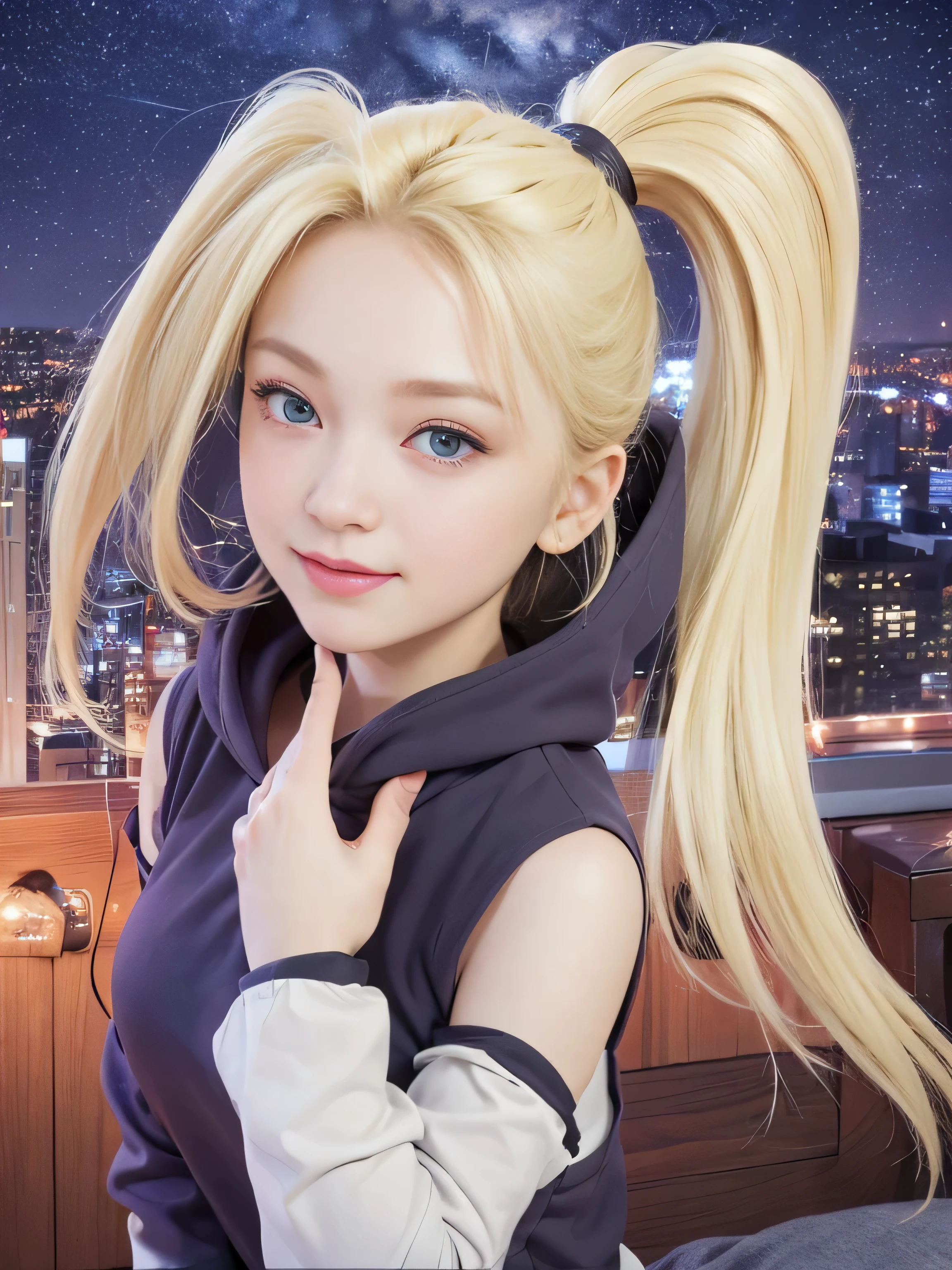 masterpiece, best quality, (realistic,photo-realistic:1.4), (RAW photo:1.2), extremely detailed CG unity 8k wallpaper, delicate and beautiful, amazing,finely detail, official art, absurdres, incredibly absurdres, huge filesize, ultra-detailed,extremely detailed eyes and face,light on face,little smile,(blonde hair:1.4),night,,bed room,blue eyes,ponytail,purple hoodie,(city:1.5),night