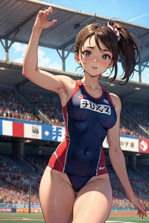 1 Beautiful ,dynamic angle,girl track and field athlete,small head,big breasts,meaty, at track and field ,(detailed beautiful face:1.4),detailed skin、Landscape、