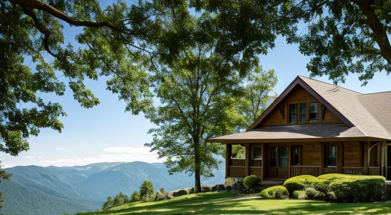 Very realistic photo with focus from the ground looking up from a {high peak} and a small stone house up there.