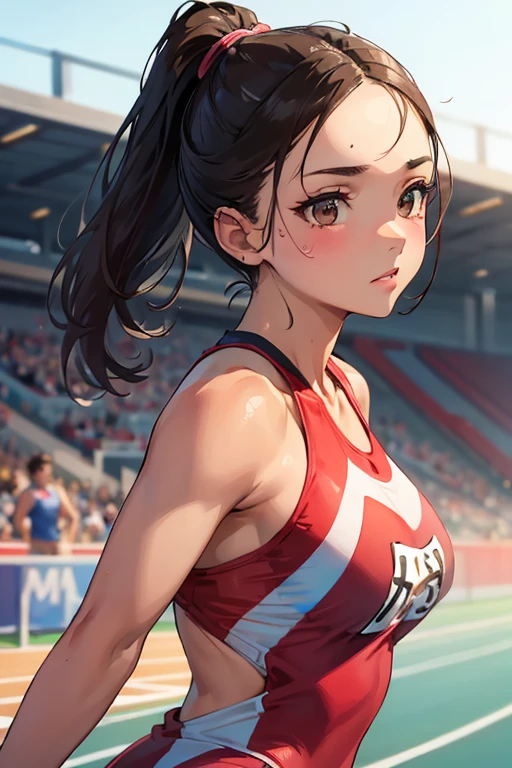 1 Beautiful ,dynamic angle,girl track and field athlete,small head,big breasts,meaty, at track and field ,(detailed beautiful face:1.4),detailed skin、back view