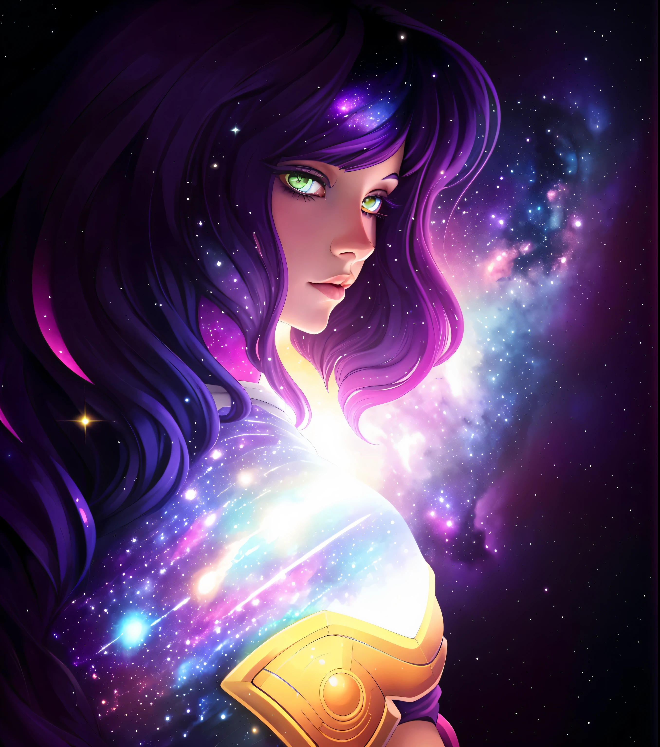 a close up of a woman with purple hair and a galaxy in the background, anime girl with cosmic hair, beeple and jeremiah ketner, girl in space, her hair is the milky way, goddess of galaxies, cosmic girl, strange portrait with galaxy, jen bartel, cosmic goddess, fantasy art style, inspired by Cyril Rolando, goddess of space and time