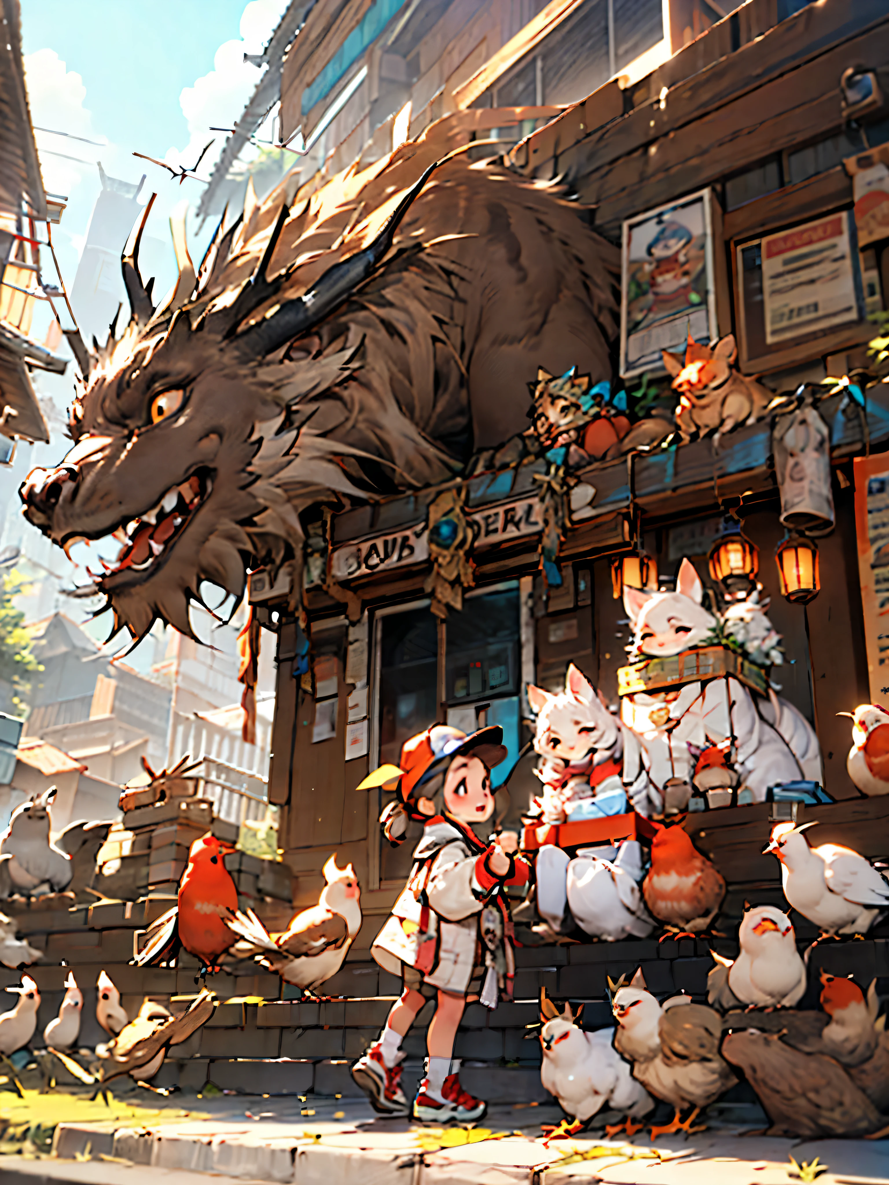 girl, mailbox, Keep, outdoor, bird, Everlasting, cloud, 1 boy, arms, from behind, Sky, cloudy Sky, animal, Keep arms, Oriental Dragon, monster, 1other, have, FOG,
