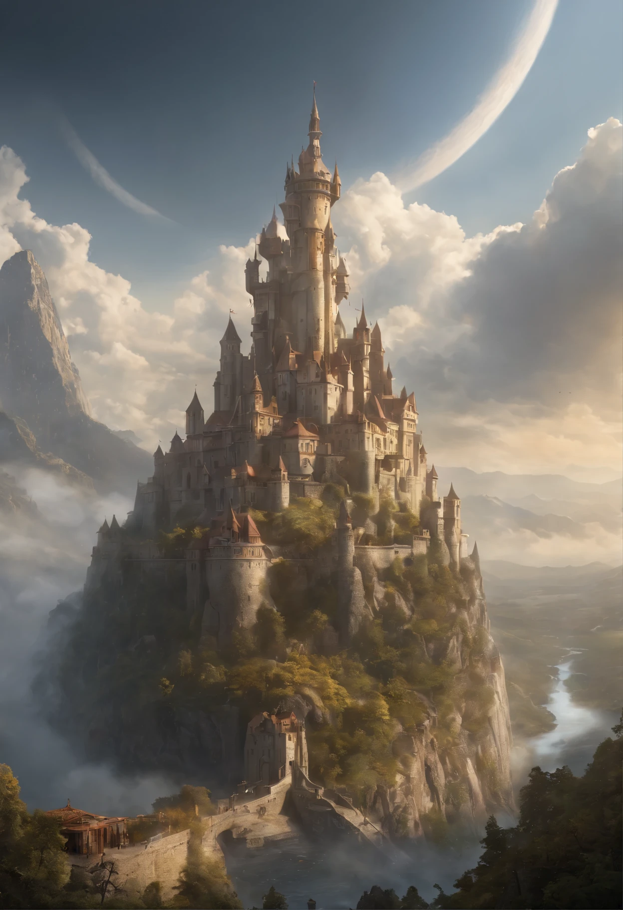 fantasy art, Ultra wide angle shots, painting, be familiar with, deviant, contest winner, concept art, , tim hildebrandt,, at night, , amazing realism, art station ,, Style of Adrianus Eversen, not aesthetic architecture, movie stills, (Color scheme: 213363, 17594A, 8EAC50, D3D04F), Air Fortress, Hung in the sky, majestic architecture, The monstrous being below is trying to conquer, Although the fortress stands as a bastion of resistance. Conveys the tension and determination of two forces as they clash in a high-stakes battle between civilization and chaos,no_human,