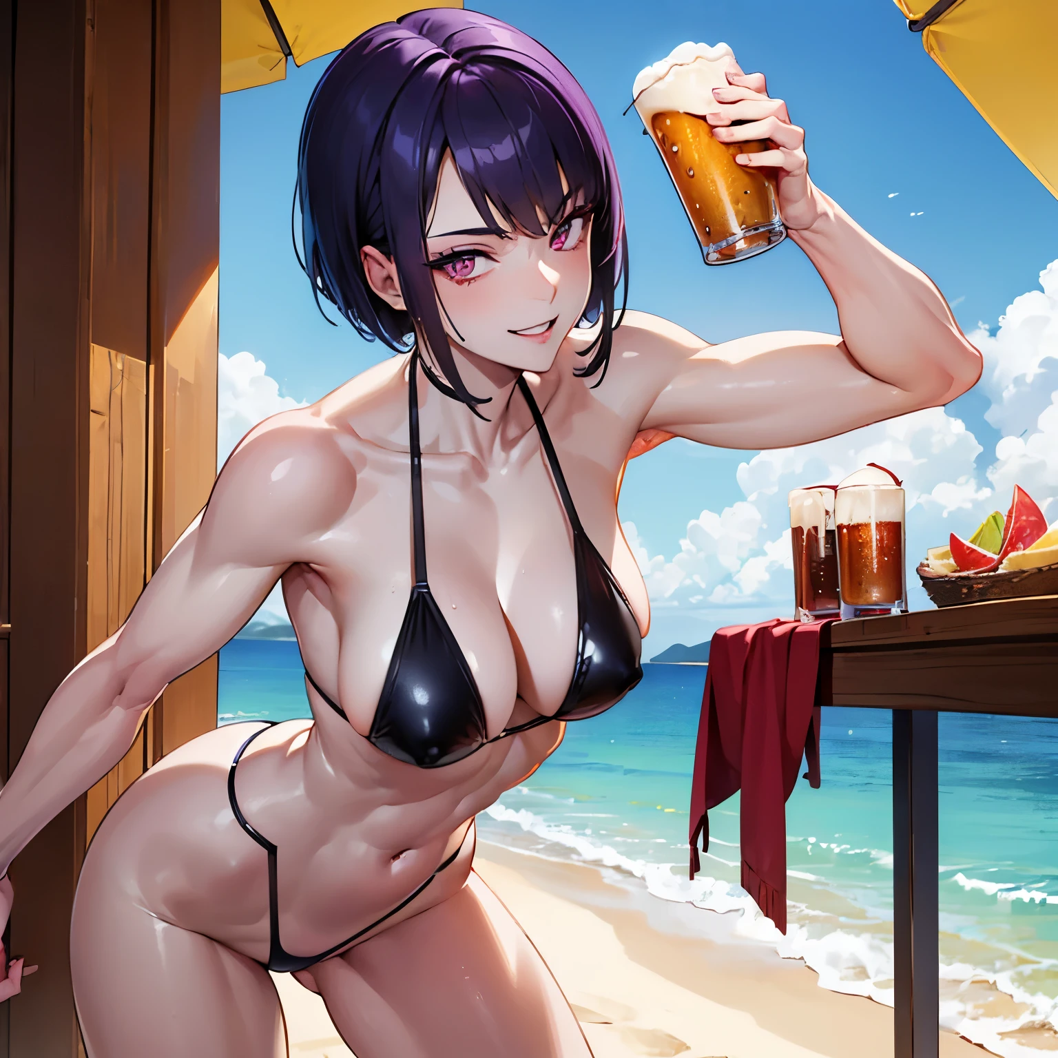 (((1girl) ,pale skin, Masterpiece, ultra quality)), purple short hair, red eyes, posing to pictures, muscle body,strong body, muscle arms, muscle legs,black brazilian micro bikini,nsfw, oiled body, smiling, drinking a beer, on beach