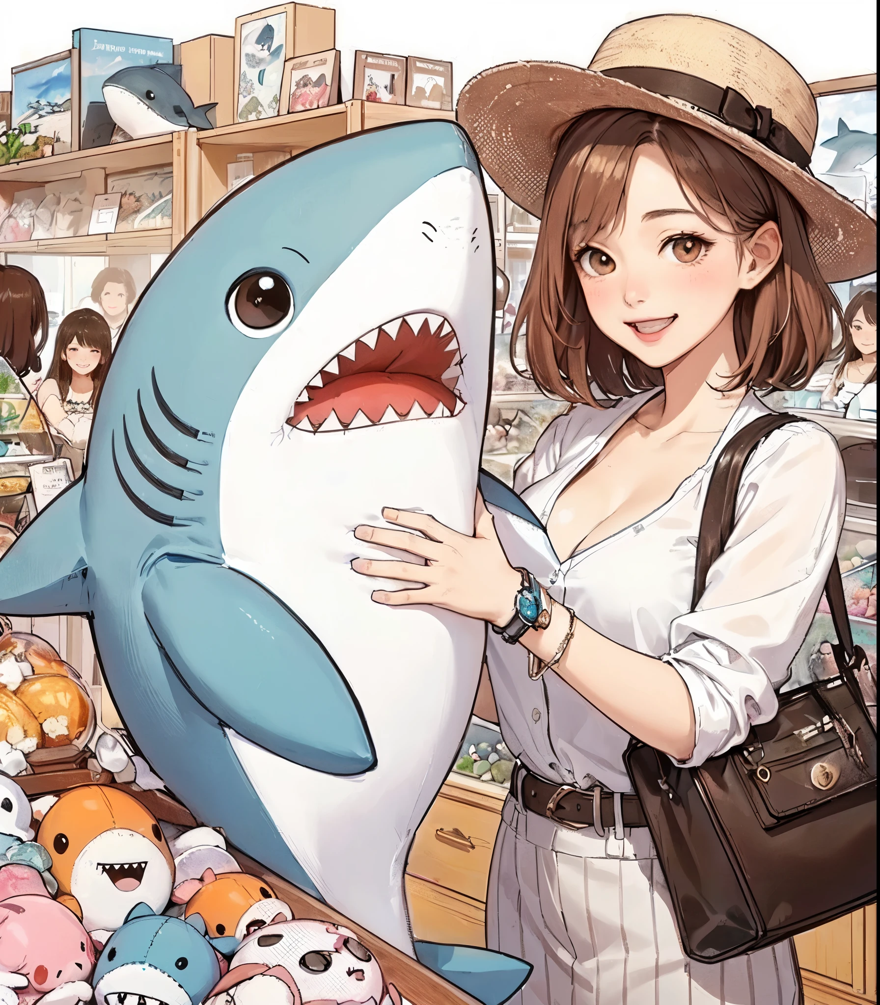 1lady solo, (holding large plush toy of great white shark), (stylish outfit), mature female, /(brown hair/) bangs, blush joyful smile (eyes sparkling with joy), (masterpiece best quality:1.2) delicate illustration ultra-detailed, large breasts BREAK (finely crafted white shark plushie) BREAK (aquarium gift shop) indoors, (various products) lined up