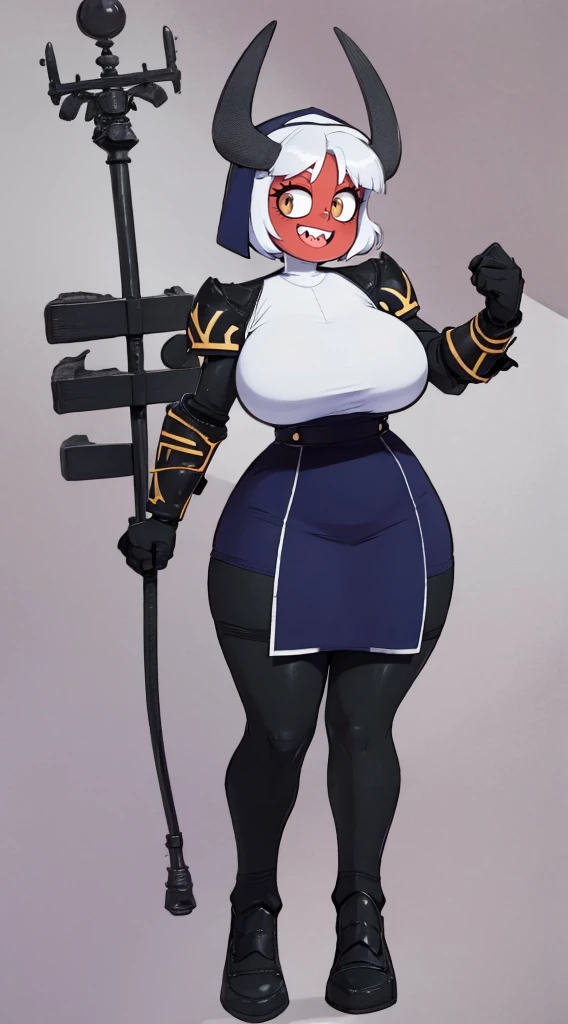 nun, demon girl, walking, , warpriesstes, silver hair, short hair, sacred gauntlets, long ski, cute smile, pure smile, love smile,,veillong skirt, pantyhose, staff holding, armor, gloves, standing, full body,sharpteeth,standing, full body, happy, joyfull