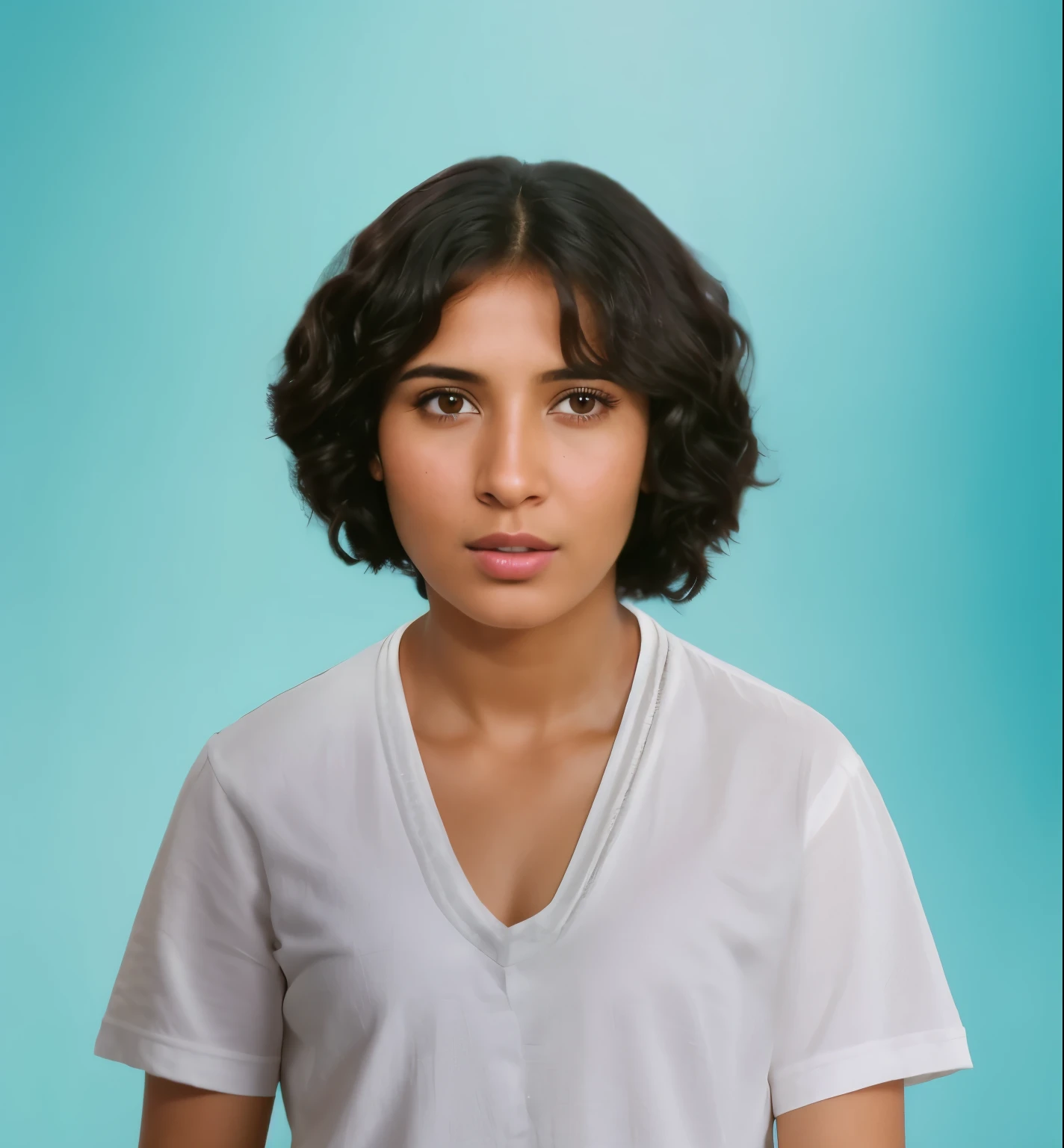 arafed young man with a white shirt and a black hair, young middle eastern woman, 30-year-old woman from cuba, realistic restored face, frontal portrait of a young, highly detailed vfx portrait of, realistic studio portrait, realistically rendered face, indian girl with brown skin, front portrait of a girl, dora the explorer as real girl