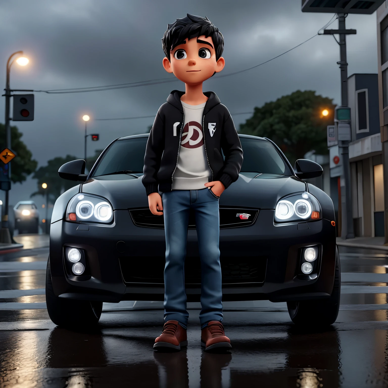 Descreva a cena de um jovem com capuz, wearing a black sweatshirt and jeans, standing on the sidewalk on a rainy night. He is looking at a shiny GTR R35 car passing on the road., Your admiration visible in your eyes. The light from the headlights reflects on the puddles of water around you, enquanto a chuva cai suavemente sobre ele. O som do motor potente ecoa no ar, misturando-se ao som da chuva. The boy remains motionless, captured by the elegance and speed of the car, dreaming of the day when you can be behind the wheel of such an impressive machine.