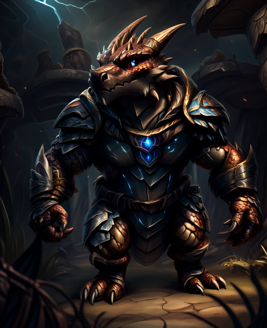 the Kobold, has sleek reddish-brown scales covering his diminutive frame. His eyes gleam with an intense shade of amber, reflecting both determination and the spark of his newfound paladin oath. Despite his small stature, he bears a few facial scars, earned through encounters with underground creatures in his quest to protect the deep gnome family.