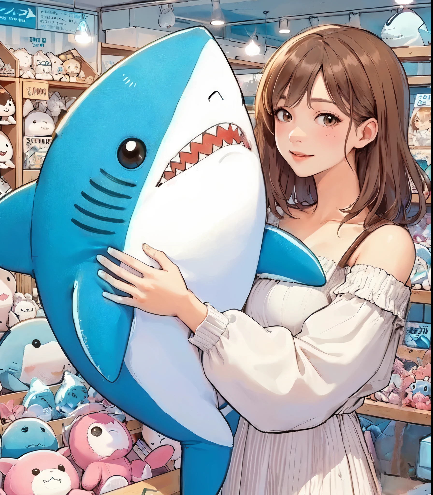 1lady solo, (holding large plush toy of great white shark), (staring at shark), (stylish outfit), mature female, /(brown hair/) bangs, blush light smile (eyes sparkling with joy), (masterpiece best quality:1.2) delicate illustration ultra-detailed, large breasts BREAK (finely crafted white shark plushie) BREAK (aquarium gift shop) indoors, (various products) lined up