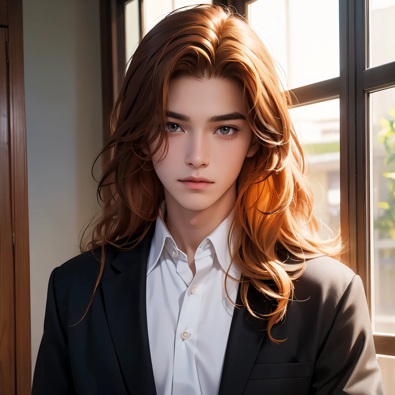 Brown eyes, Almond eyes, Long hair, Ginger hair, Wavy hair, using school uniform for a senior boy, in the school, normal face, bright color.