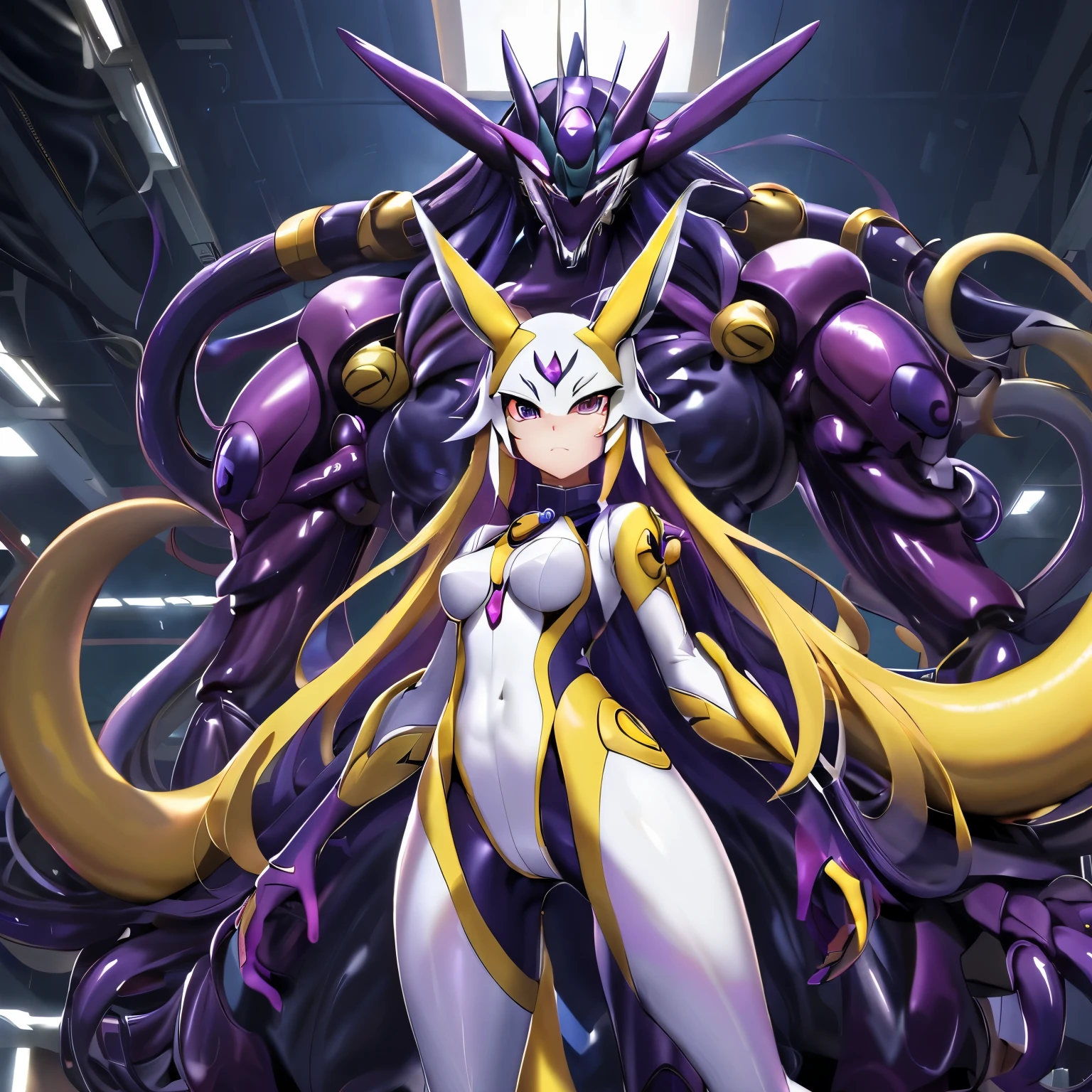 stand next to a giant robot、Close-up of a woman dressed in purple and yellow, symphogear, best anime 4k konachan wallpaper, glamorous angel digimon, anime monster girl, small details. anime. tentacle, anime robotic mixed with organic, android heroine, anime goddess, zodiac girl, high definition anime art, official anime artwork