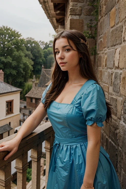 A beautiful girl from the Middle Ages on the balcony of a medieval castle looks into the distance.