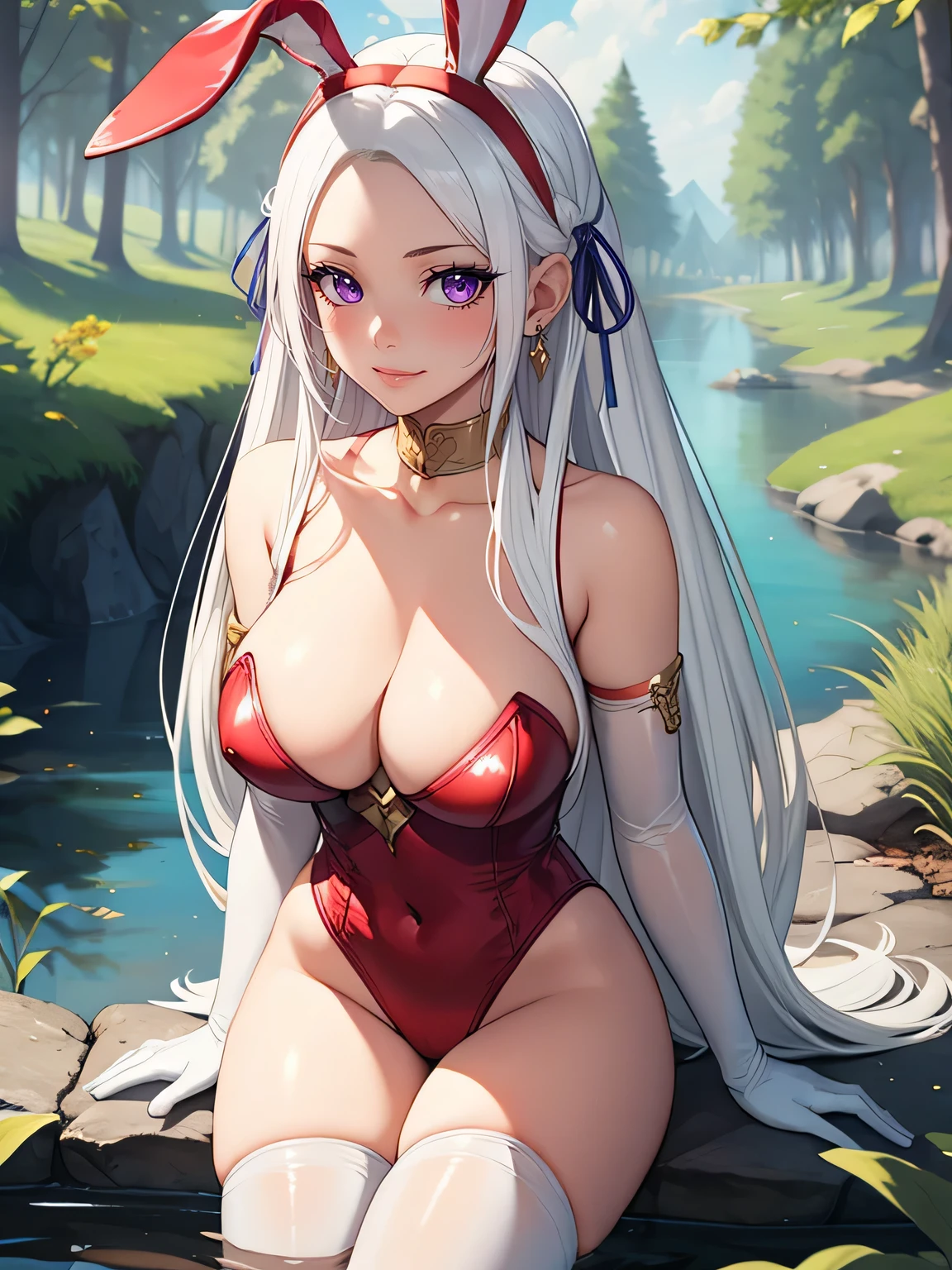 edelgard_academy, hair ribbon, white hair, purple eyes, ,1girl, solo, perfect breasts, ,earrings glossy lips ,looking at viewer, blush, large breasts, nature, pond, trees, park, long white elbow satin gloves, holding, animal ears, cleavage, bare shoulders, jewelry, very l, gentle smile, pantyhose, earrings, fake rabbit ears, red leotard, fake animal ears bunny, long white elbow gloves