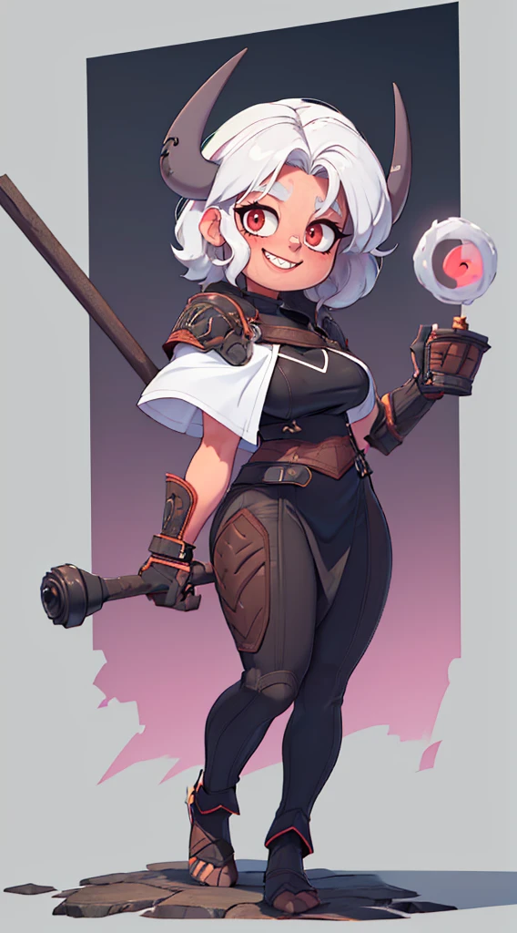 nun, demon girl, walking, , warpriesstes, silver hair, short hair, sacred gauntlets, long ski, cute smile, pure smile, love smile,,veillong skirt, pantyhose, staff holding, armor, gloves, standing, full body,sharpteeth,standing, full body, happy, joyfull