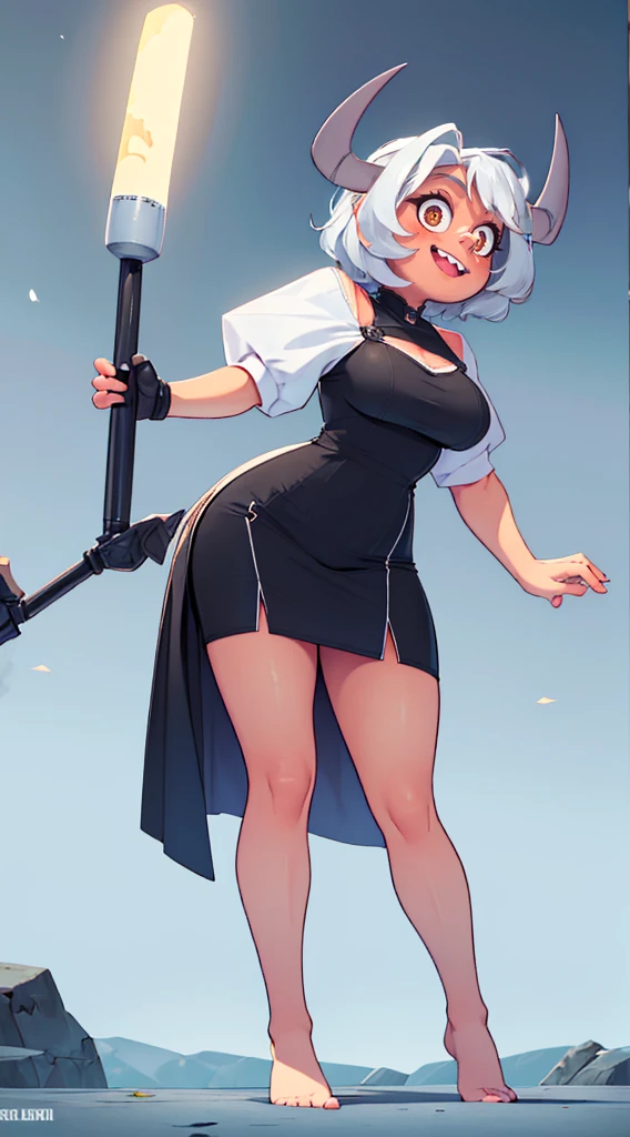 nun, demon girl, walking, , warpriesstes, silver hair, short hair, sacred gauntlets, long ski, cute smile, pure smile, love smile,,veillong skirt, pantyhose, staff holding, armor, gloves, standing, full body,sharpteeth,standing, full body, happy, joyfull