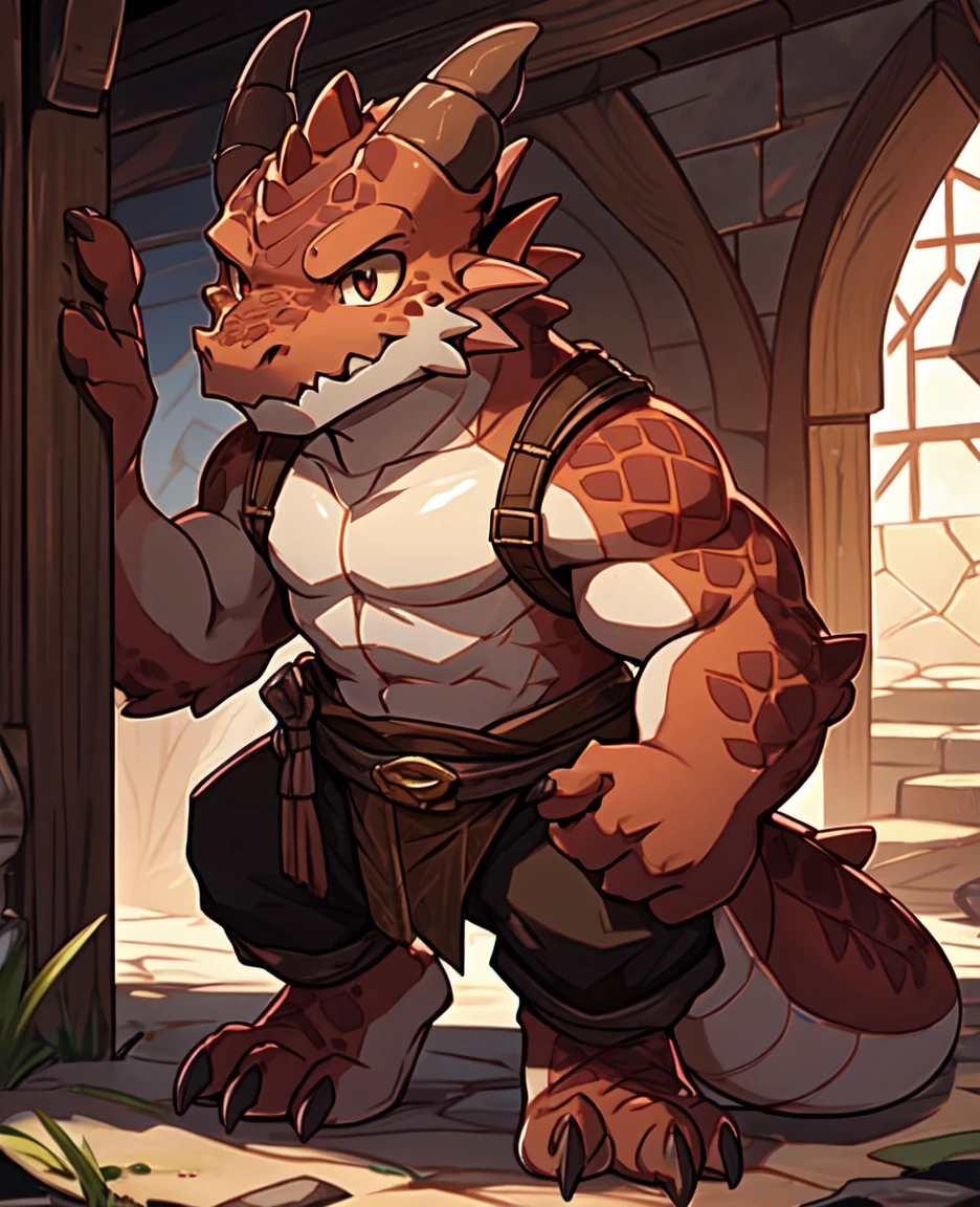  Kobold, has sleek reddish-brown scales covering his diminutive frame. His eyes gleam with an intense shade of amber, small stature, bears a few facial scars,(((Kobold)), (detailed kobold))