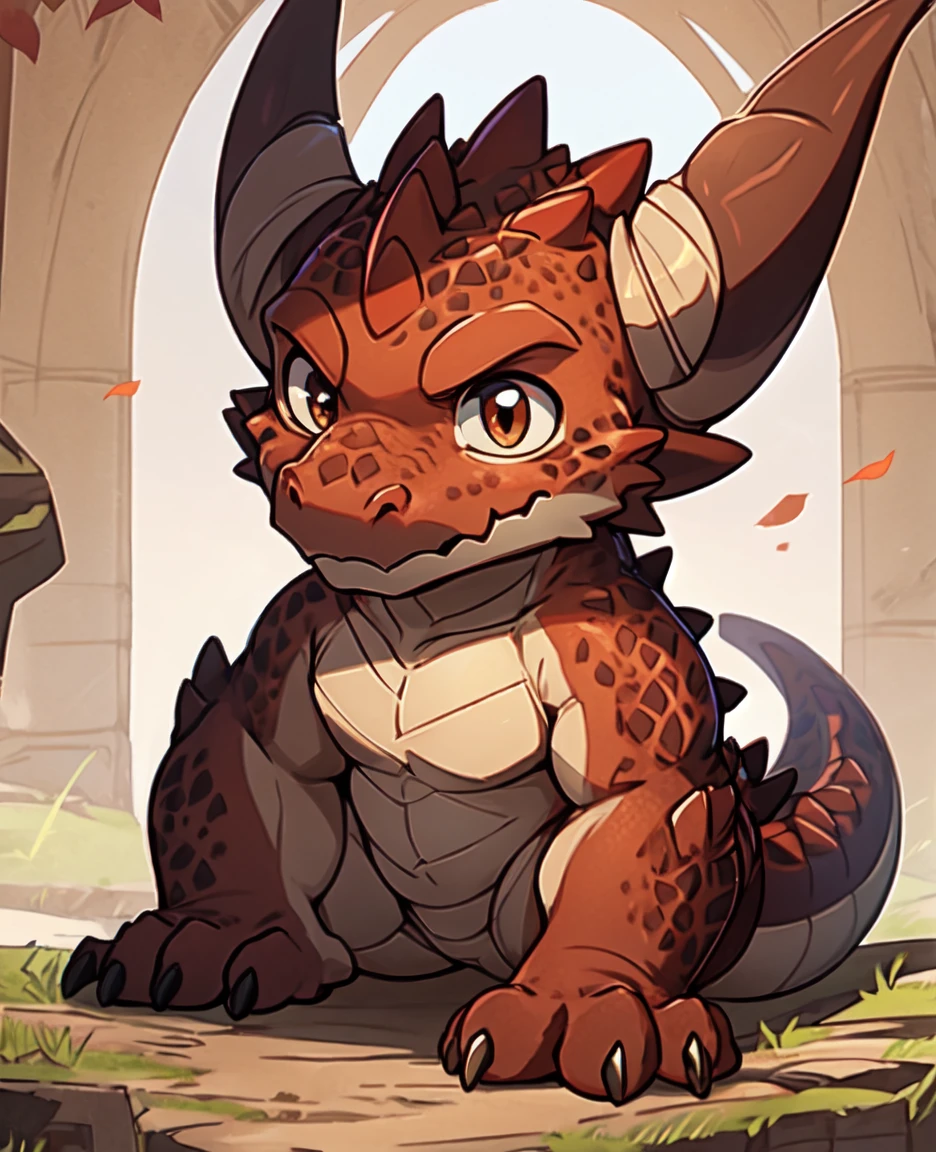  Kobold, has sleek reddish-brown scales covering his diminutive frame. His eyes gleam with an intense shade of amber, small stature, bears a few facial scars,(((Kobold)), (detailed kobold))