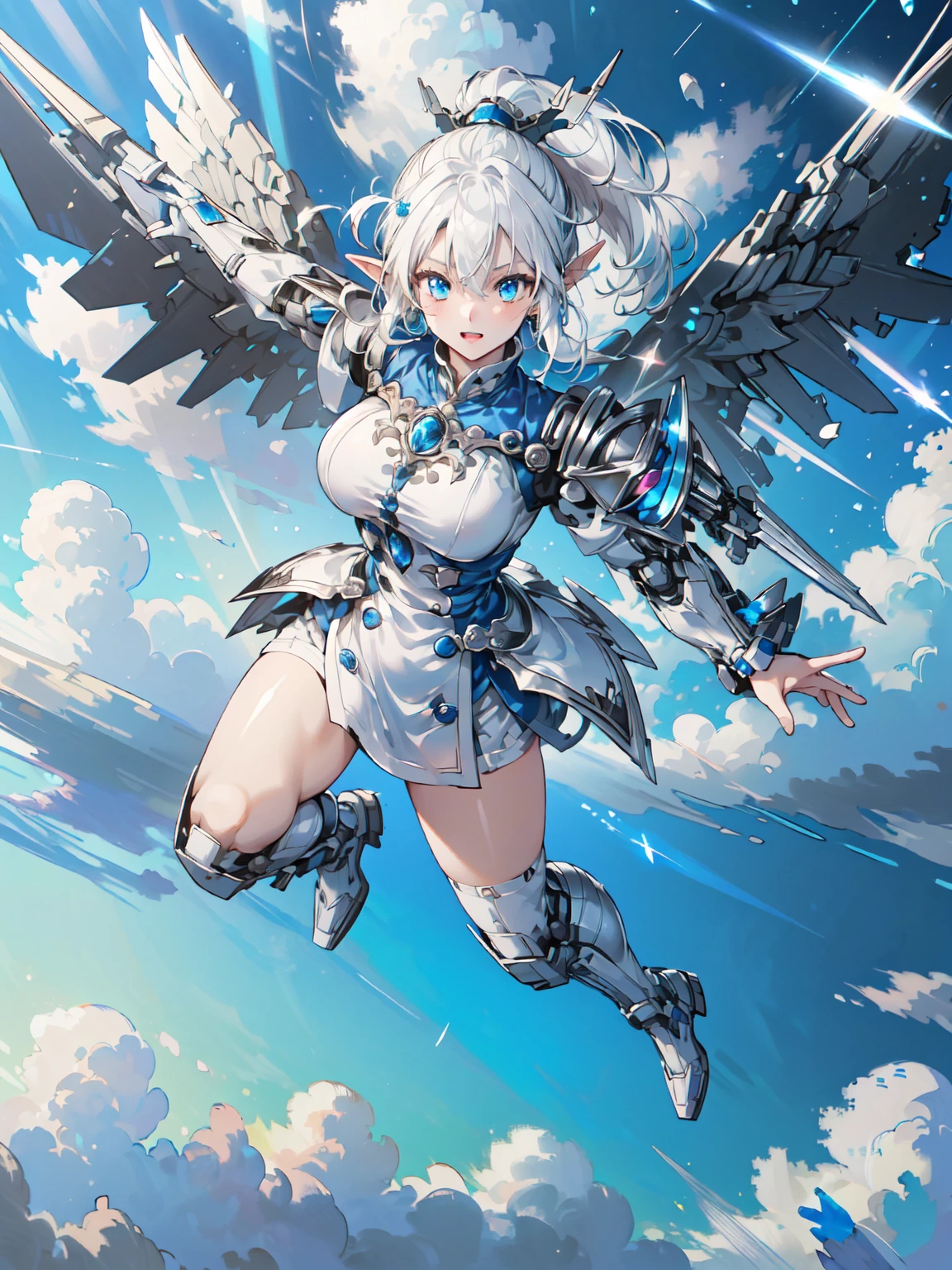 (masterpiece、highest quality, wonderful, very detailedティッカーユニティ、8k wallpaper, Depth of bounds written, Ultra-fine illustration:1.5)、。.。.3D, very detailed, (Full body Esbian、Mecha elf girl:1.3), sci-fi battlefield, Hawken, smile, open your mouth、short ponytail hair, (white blonde hair, deep blue eyes:1.2), sparkling eyes, cute顔, cute, big breasts, delicate hair, messy hair, (((Flying high in the sky))、blue sky, White cloud), shiny hair, shiny skin, (Symmetrical mechanical winetallic colored mechanical wings that are widely expanded to the left and right so that they protrude wonderfully from the screen, headgear, white hair ornament), (particles of light, cinematic lighting: 1.3), (light pink lips: 0.8), by Yusuke Murata.