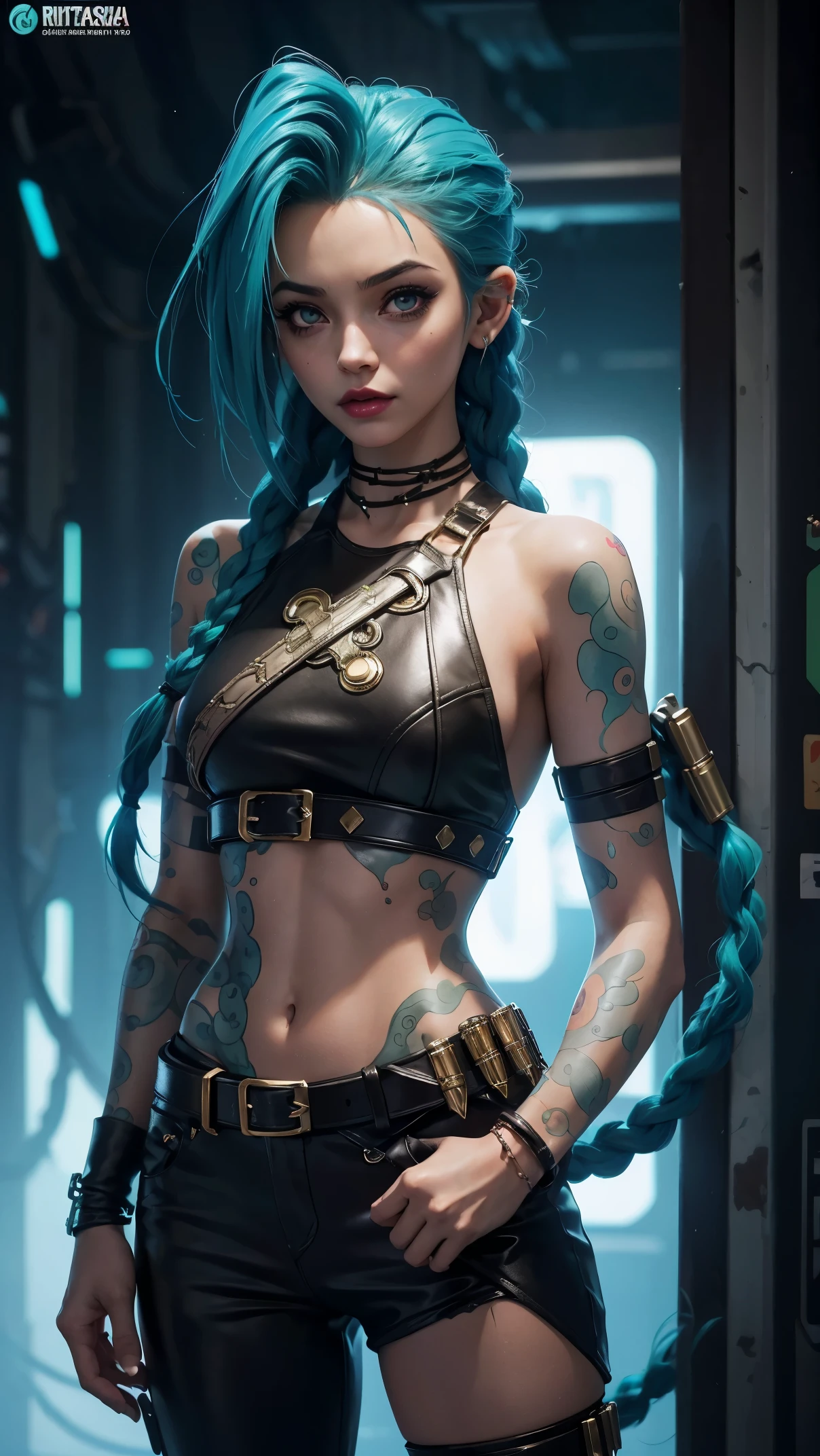 jinx arcano, uma mulher com cabelo verde e tatuagens, mulher cyberpunk mulher anime, pants, Deusa cyberpunk raivosa bonita, estilo de arte cyberpunk, arte digital de anime cyberpunk, arte de anime cyberpunk, Arcane Jinx Retrato, arte de anime cyberpunk, arte com tema cyberpunk, cyberpunk fantasia sombria, estilo arcano, 1 garota, stars tattoo on arm, asymmetrical bangs, franja, cabelo verde, green braids, camisa marrom, tatuagem de estrelas, lateralmente, cabelo verde, cabelo longo, olhos cor de rosa, Red lips, standing , tatuagem de nuvem, Twin braids. Jinx de arcano. Garota de cabelo verde, garota de Twin braids, Jinx em um lugar em chamas, spark, esferas de luz, Film Poster, Jinx, Arcane\(Liga das Lendas\