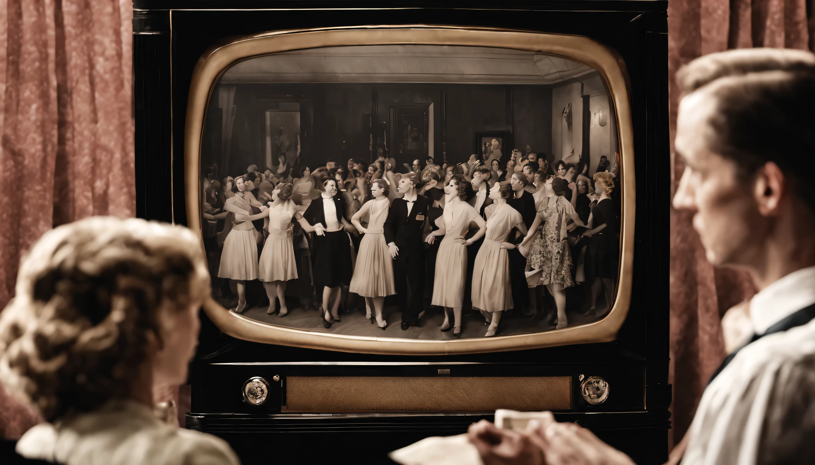 ultra realistic photo, a working class 1940s English man watching ladies dancing on the screen of his 1930s TV