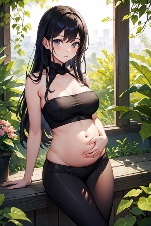(best quality,a high resolution),pregnant vietnamese woman,belly,Show belly,Beautiful detailed eyes,Black hair,Perfect makeup,fit,Wear strapless tops,leggings,双手放在她的Show belly上,,Intense pregnancy glow,Stunning,standing in a blooming garden,There are colorful flowers around her,Vibrant green grass,Peaceful atmosphere,The soft sunlight shone on her,Create a warm and gentle feeling,Highlight her light.