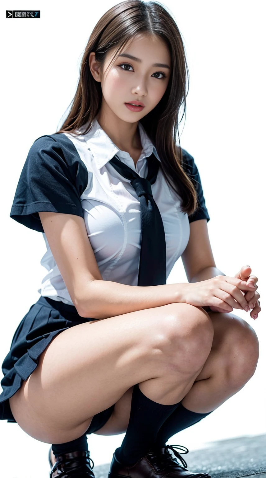 Woman in short skirt and tie, thong,(Cute Schoolgirl), (a hyper realistic schoolgirl) ,pierce and neckless, School Girl , wearing skirt and high socks, wearing skirt, Wearing white shirt school uniform, side-strap thong white panties, High school girl posing, (white background:1.3),BREAK , 1 girl, solo, show skin, cleavage ,extremely beautiful lady squatting,(looking down at viewer:1.2), (dynamic angle:1.2), busty, nipples, intricate details, athletic and fit body, naughty, slutty, perfect hands, detailed hands, perfect eyes, detailed eyes,(serious:1.1),(gyaru:1.2), (tanned skin:1.5), (dynamic pose) ,(hime_cut blonde Nadia:1.6),(wind:1.45), realistic, HDR, UHD, dynamic,(colorful) , blooming light effect, nsfw,