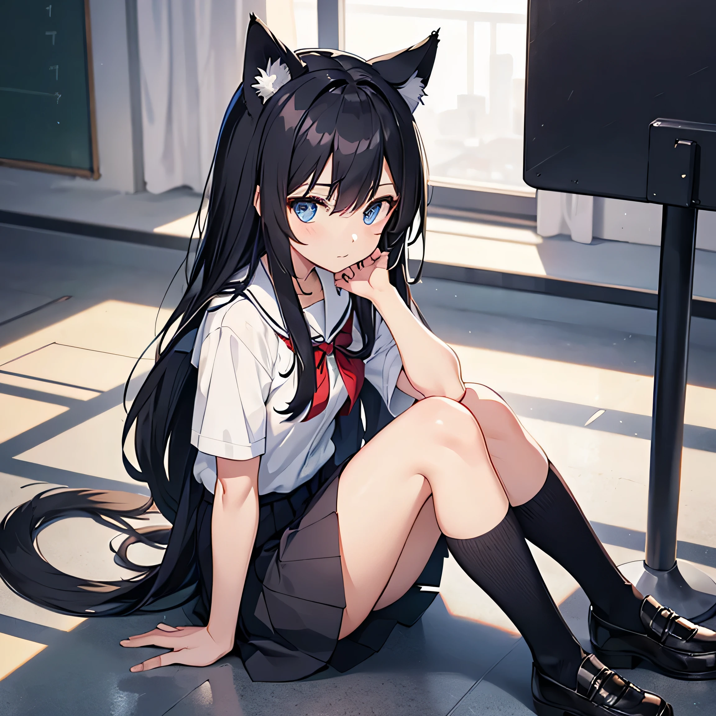 black hair, long hair, blue eyes, piercer, Animal ears of appropriate size and length, long, bushy tail, school uniform with short shirt, sitting posture on the floor, cat girl