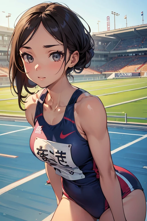 1 Beautiful ,dynamic angle,girl track and field athlete,small head,big breasts,meaty, at track and field ,(detailed beautiful face:1.4),detailed skin、Landscape、