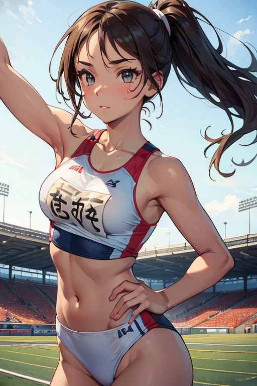 1 Beautiful ,dynamic angle,girl track and field athlete,small head,big breasts,meaty, at track and field ,(detailed beautiful face:1.4),detailed skin、Landscape、