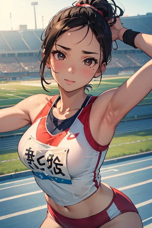 1 Beautiful ,dynamic angle,girl track and field athlete,small head,big breasts,meaty, at track and field ,(detailed beautiful face:1.4),detailed skin、Landscape、