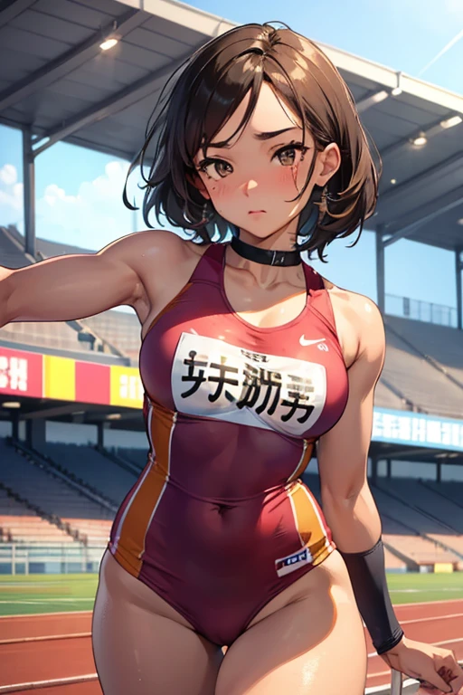 1 Beautiful ,dynamic angle,girl track and field athlete,small head,big breasts,meaty, at track and field ,(detailed beautiful face:1.4),detailed skin、backwards