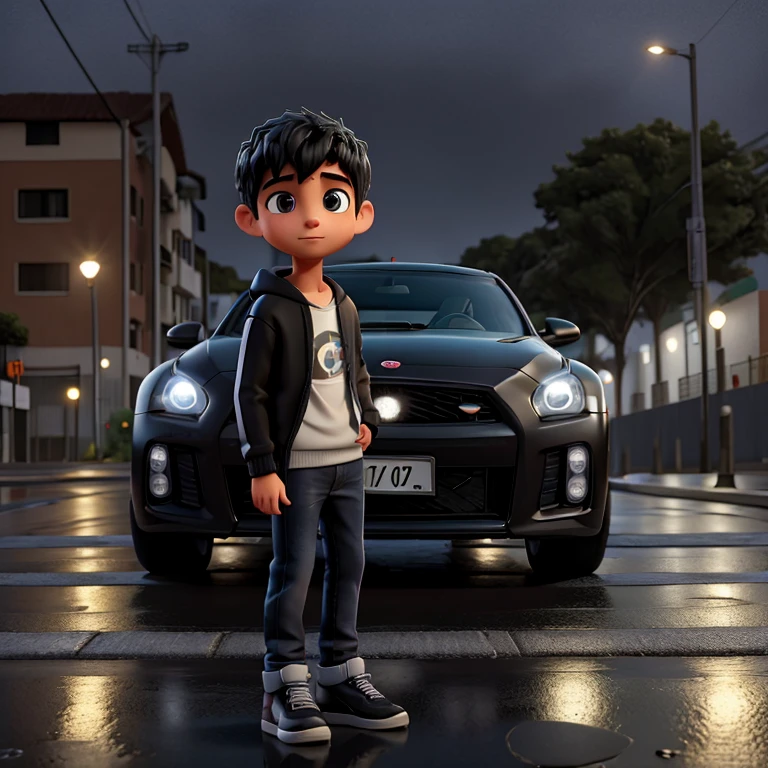 Descreva a cena de um jovem com capuz, wearing a black sweatshirt and jeans, standing on the sidewalk on a rainy night. He is looking at a shiny GTR R35 car passing on the road., Your admiration visible in your eyes. The light from the headlights reflects on the puddles of water around you, enquanto a chuva cai suavemente sobre ele. O som do motor potente ecoa no ar, misturando-se ao som da chuva. The boy remains motionless, captured by the elegance and speed of the car, dreaming of the day when you can be behind the wheel of such an impressive machine.