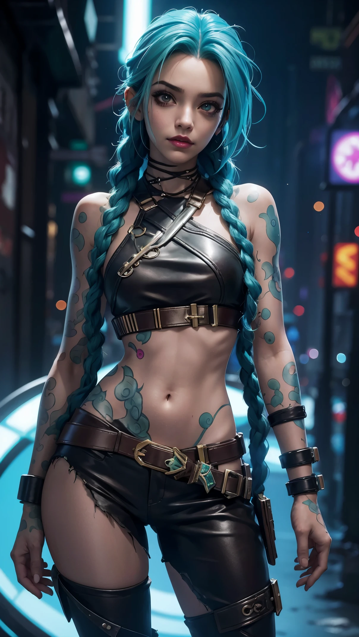 jinx arcano, uma mulher com cabelo verde e tatuagens, mulher cyberpunk mulher anime, pants, Deusa cyberpunk raivosa bonita, estilo de arte cyberpunk, arte digital de anime cyberpunk, arte de anime cyberpunk, Arcane Jinx Retrato, arte de anime cyberpunk, arte com tema cyberpunk, cyberpunk fantasia sombria, estilo arcano, 1 garota, stars tattoo on arm, asymmetrical bangs, franja, cabelo verde, green braids, camisa marrom, tatuagem de estrelas, lateralmente, cabelo verde, cabelo longo, olhos cor de rosa, Red lips, standing , tatuagem de nuvem, Twin braids. Jinx de arcano. Garota de cabelo verde, garota de Twin braids, Jinx em um lugar em chamas, spark, esferas de luz, Film Poster, Jinx, Arcane\(Liga das Lendas\