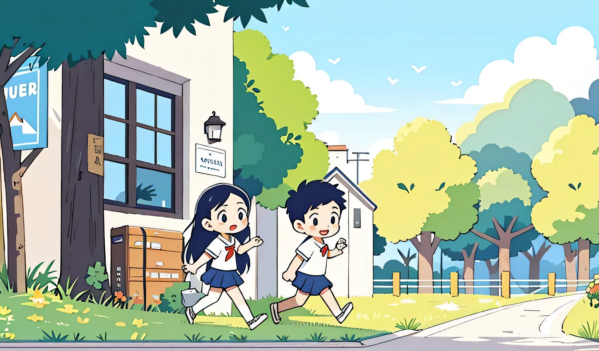 morning,a girl,a boy,Walking on the road in school uniform,The school is far away,