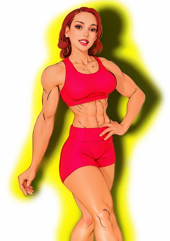 drawing of a woman in a red bikini and red shoes, Garota musculosa, mulher em forma, Menina apta, retrato de corpo inteiro de jean grey, mulher fisiculturista, muscular character, mulher forte, exaggerated muscular physique, retrato de darna moderno, becomes a curvy physique, feminino e musculoso, character is in his natural pose, bodybuilder superhero bikini, muscular!, parte superior completa do corpo