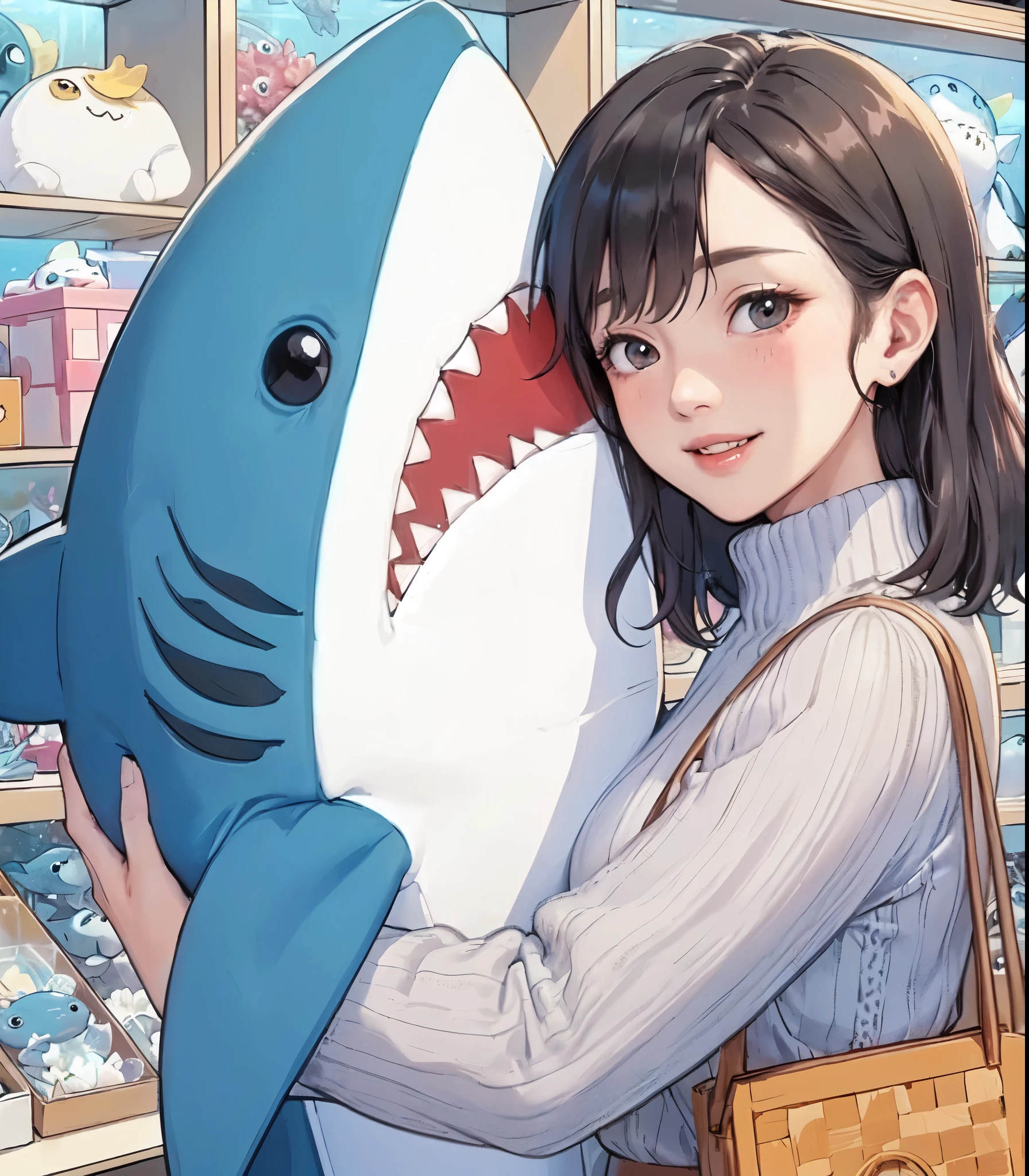 1lady solo, (holding large plush toy of great white shark), (stylish outfit), mature female, /(black hair/) bangs, blush light smile (eyes sparkling with joy), (masterpiece best quality:1.2) delicate illustration ultra-detailed, large breasts BREAK (finely crafted white shark plushie) BREAK (aquarium gift shop) indoors, (various products) lined up