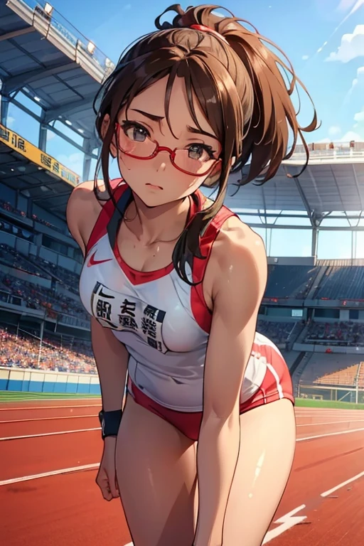 1 Beautiful ,dynamic angle,girl track and field athlete,small head,big breasts,meaty, at track and field ,(detailed beautiful face:1.4),detailed skin、backwards、Glasses