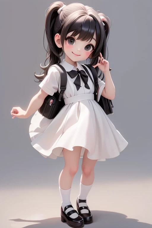 masterpiece, best quality, a cute chibi girl smiling, ((black)) hair, (((white pinafore dress))), (((short))) puffy sleeves, white hairbow, white socks, (((black))) mary jane pumps, school backpack, (((full body))),