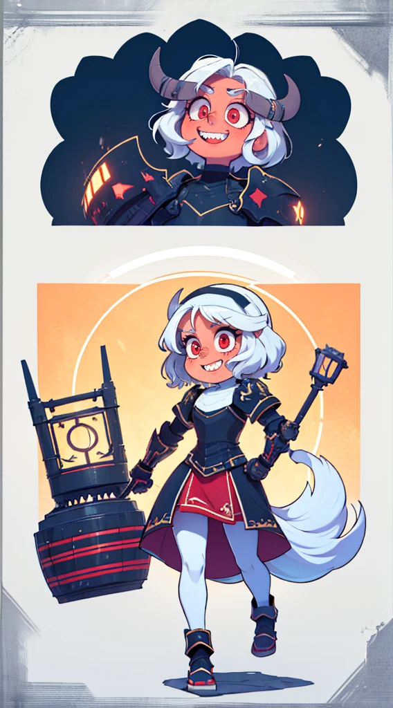 nun, demon girl, walking, , warpriesstes, silver hair, short hair, sacred gauntlets, long ski, cute smile, pure smile, love smile,,veillong skirt, pantyhose, staff holding, armor, gloves, standing, full body,sharpteeth,standing, full body, happy, joyfull, big nose