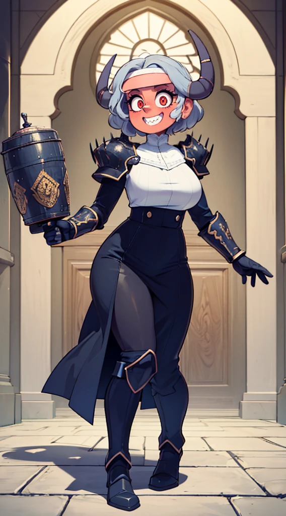 nun, demon girl, walking, , warpriesstes, silver hair, short hair, sacred gauntlets, long ski, cute smile, pure smile, love smile,,veillong skirt, pantyhose, staff holding, armor, gloves, standing, full body,sharpteeth,standing, full body, happy, joyfull, big nose