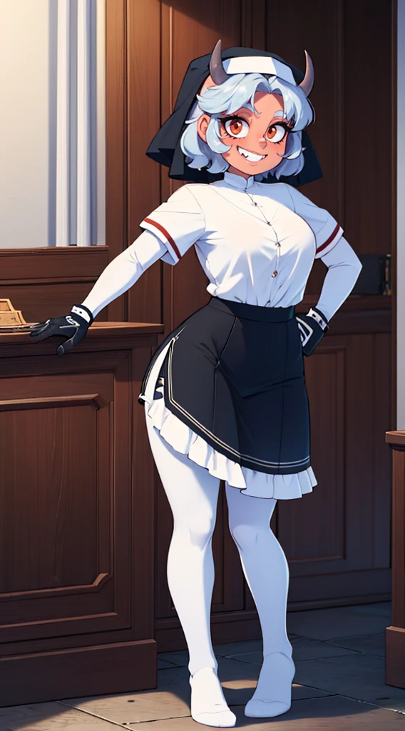 nun, demon girl, walking, , warpriesstes, silver hair, short hair, sacred gauntlets, long ski, cute smile, pure smile, love smile,,veillong skirt, pantyhose, staff holding, armor, gloves, standing, full body,sharpteeth,standing, full body, happy, joyfull, big nose