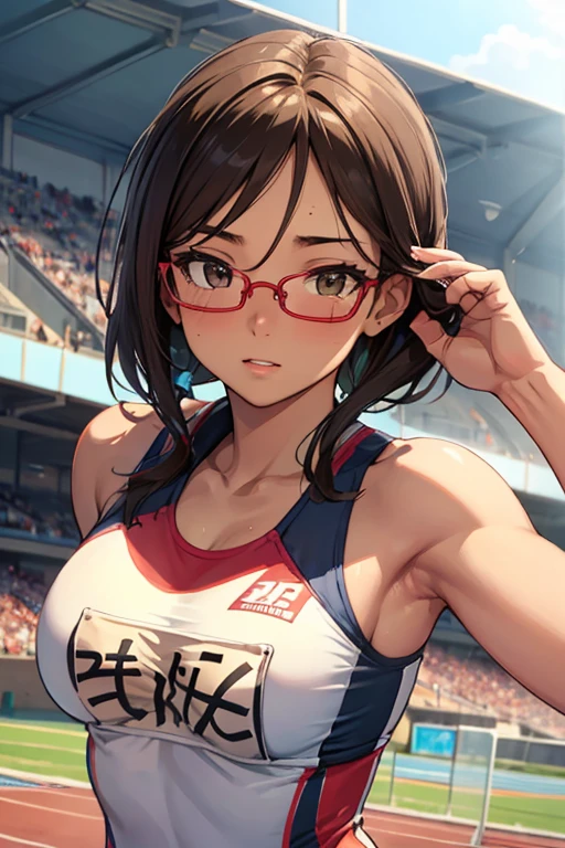 1 Beautiful ,dynamic angle,girl track and field athlete,small head,big breasts,meaty, at track and field ,(detailed beautiful face:1.4),detailed skin、Landscape、Glasses