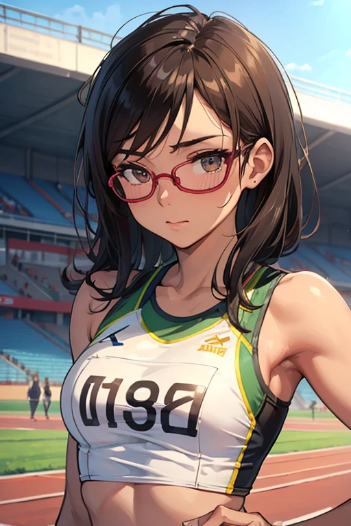 1 Beautiful ,dynamic angle,girl track and field athlete,small head,big breasts,meaty, at track and field ,(detailed beautiful face:1.4),detailed skin、Landscape、Glasses