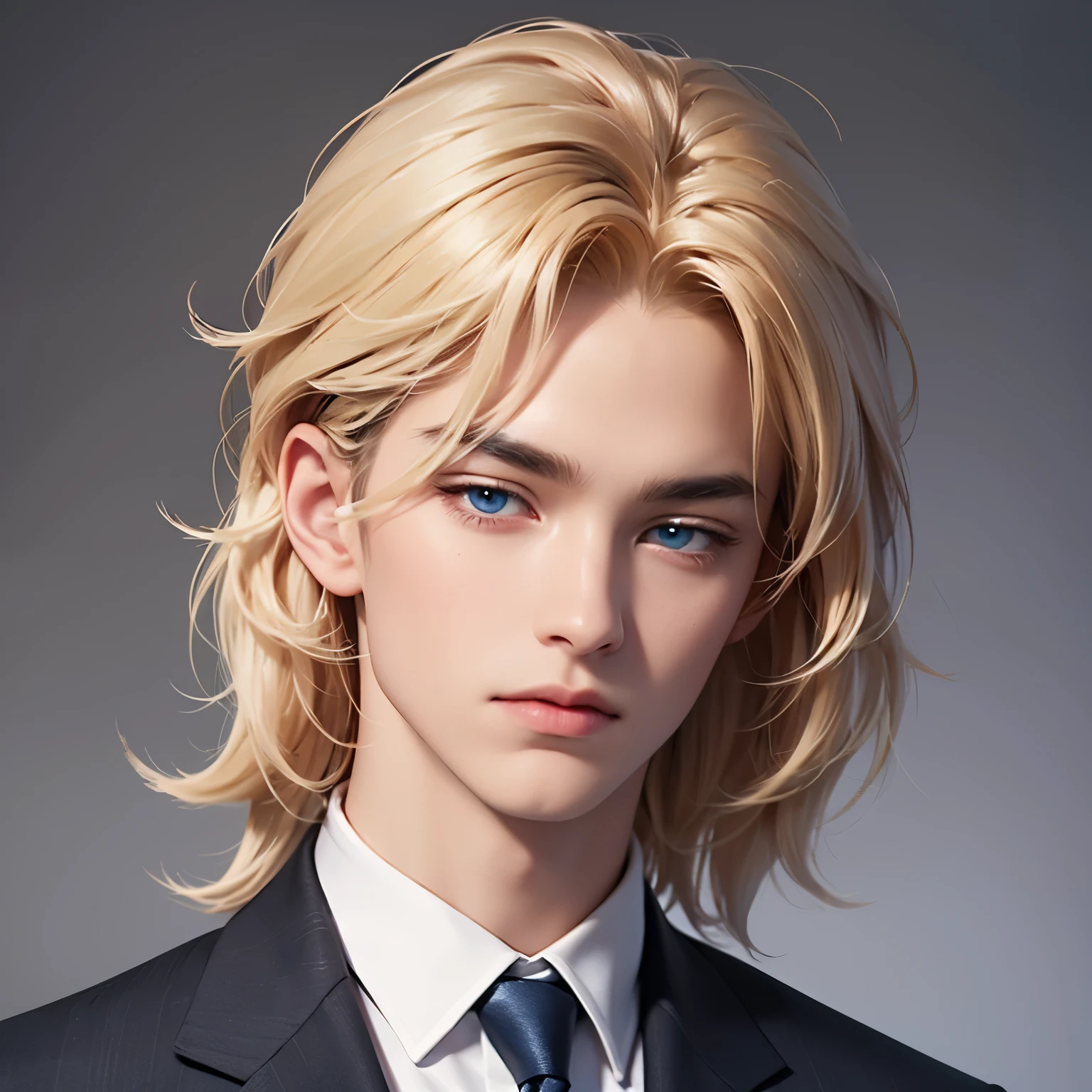 Blue eyes, Close set eyes, Long hair, Blonde hair, Curly hair, white skin, using school uniform for a senior boy, in the school, normal face, bright color.