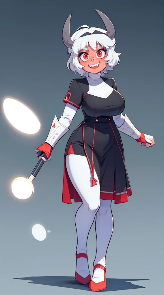 nun, demon girl, walking, , warpriesstes, silver hair, short hair, sacred gauntlets, long ski, cute smile, pure smile, love smile,,veillong skirt, pantyhose, staff holding, armor, gloves, standing, full body,sharpteeth,standing, full body, happy, joyfull, big nose